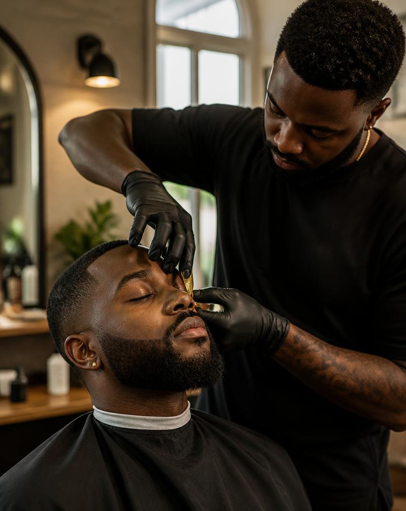Barber giving a precise beard lineup
